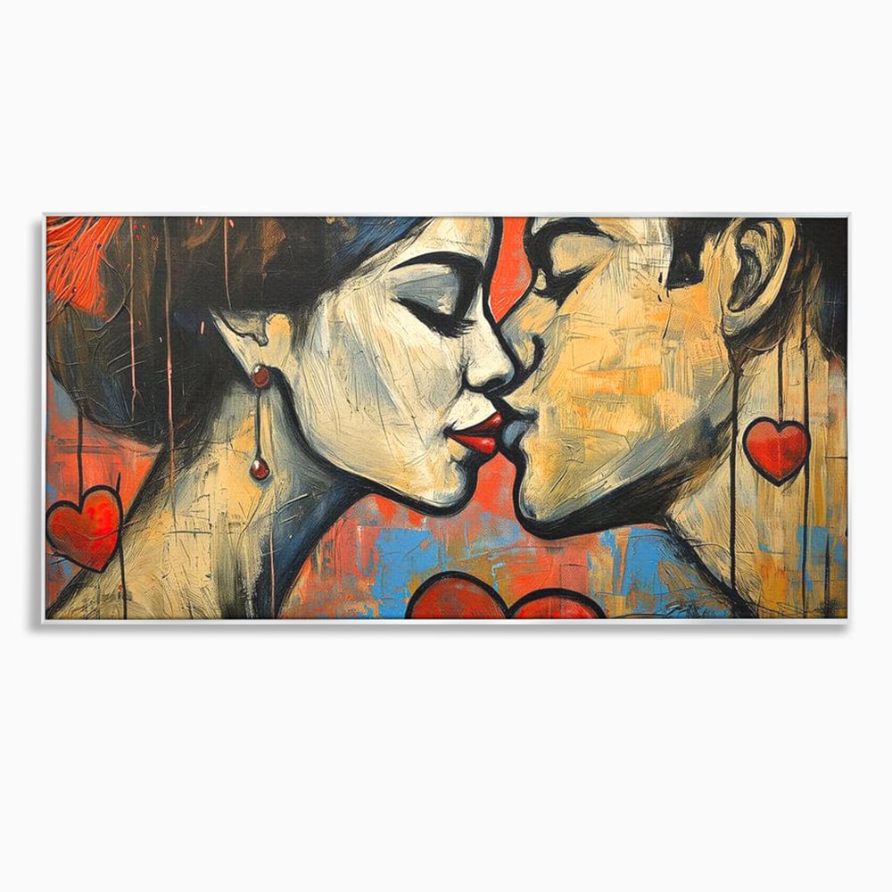 Tablou canvas cu tablou canvas cu sarut pasional, in rama de aluminiu argintiu